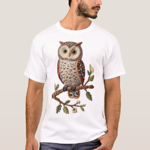 Gestickte Eule auf Ast - Rustikales Naturkunst-Des T-Shirt