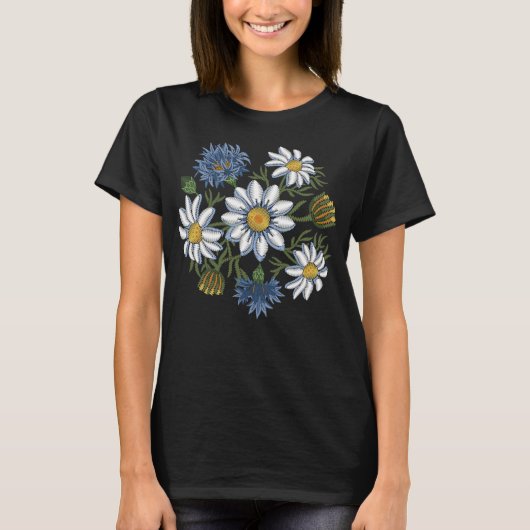 Gestickte GänseblümchenBlumen und Cornflowers T-Shirt (Vorderseite)