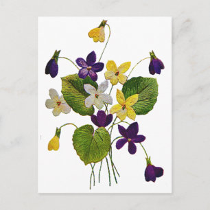 Gestickte weiße, gelbe und violette Veilchen Postkarte