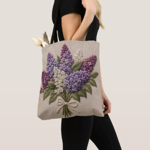 Gestickter Fliederstrauß – Faux-Stickerei Leinen  Tasche