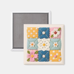 Gestickter Spitzen- und Blumen-Quiltblock Magnet