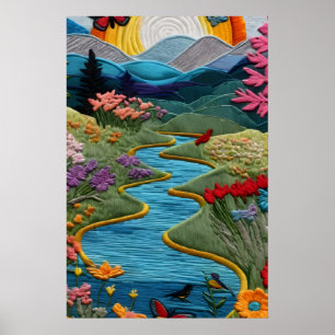 Gestickter Stil Bunter Fluss Tal Lebendig  Poster