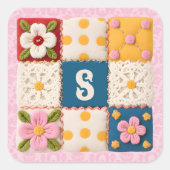 Gesticktes Blumen-Patchwork-Quilt-Monogramm Quadratischer Aufkleber (Vorderseite)