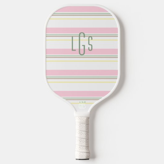 Gestreift Rosa Gelb Grün Weiß Hellbraun Monogramm Pickleball Schläger (Vorderseite)