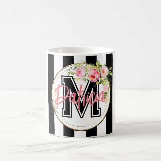 gestreift schwarz-weiß rosa Blumendekoration Kaffeetasse (Mittel)