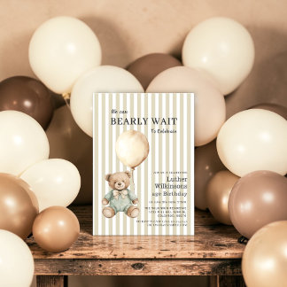 Gestreifte beige Teddybär-Baby-Junge-Geburtstagsei Einladung
