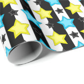 Gestreifte blaue gelbe Sternmusterdesign Geschenkpapier (Rolleneckpunkt)