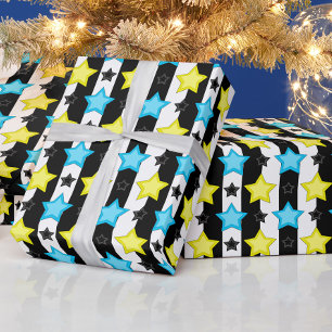 Gestreifte blaue gelbe Sternmusterdesign Geschenkpapier
