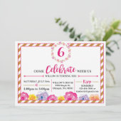 Gestreifte Girly Geburtstags-mit BlumenParty Einladung (Stehend Vorderseite)