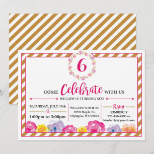 Gestreifte Girly Geburtstags-mit BlumenParty Einladung