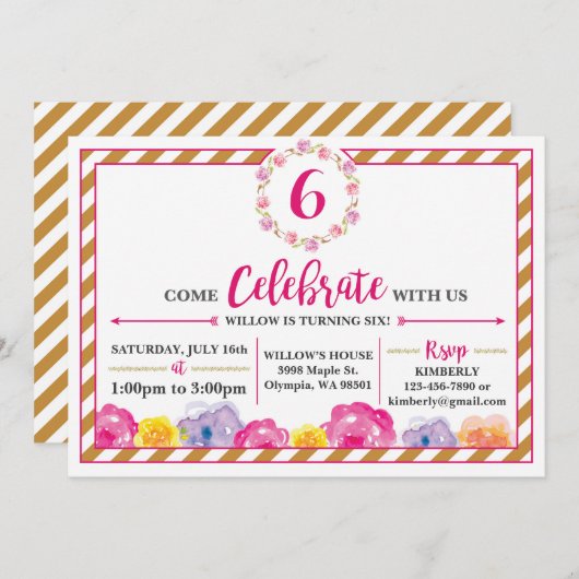 Gestreifte Girly Geburtstags-mit BlumenParty Einladung (Vorne/Hinten)