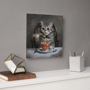 Gestreifte Katze genießt Cup Nudeln Quadratische Wanduhr