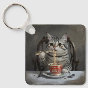 Gestreifte Katze genießt Cup Nudeln Schlüsselanhänger