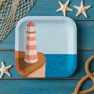Gestreifte Leuchtturm-Landschafts-Papierteller Pappteller