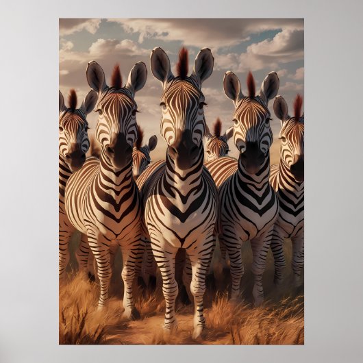 Gestreifte Majestät: Zebra Herd in trockenem Gras Poster (Vorne)