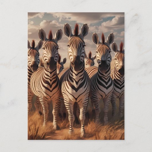 Gestreifte Majestät: Zebra Herd in trockenem Gras Postkarte (Vorderseite)
