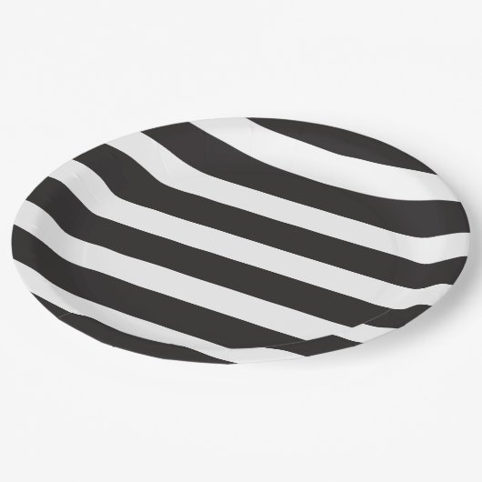 GESTREIFTE Party-Schwarzweiss-Platte Pappteller (Schrägansicht)