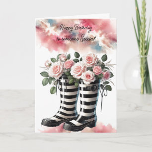Gestreifte Regenstiefel und Rosen zum Geburtstag Karte