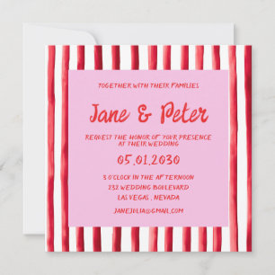 Gestreifte rosa und rote Handschrift Hochzeit Einladung