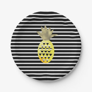Gestreifte Wasserfarbe Gold Tropische Ananas Telle Pappteller
