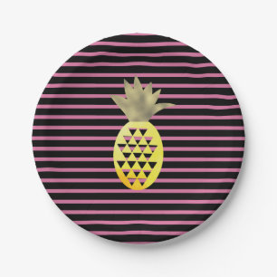 Gestreifte Wasserfarbe Gold Tropische Ananas Telle Pappteller