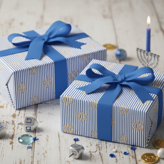 Gestreifter Helles Blau Jüdischer Goldener Davidst Geschenkpapier