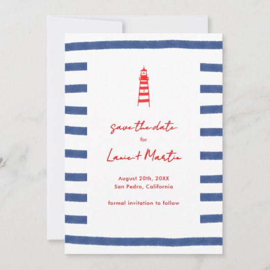Gestreifter Leuchtturm Rot Blau Ostküste Save The Date (Vorderseite)