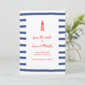 Gestreifter Leuchtturm Rot Blau Ostküste Save The Date (Stehend Vorderseite)