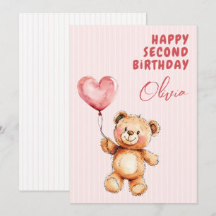 Gestreifter Rosa Ballon Teddybär Glücklicher 2. Ge Karte