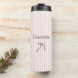 Gestreifter Schleifen-Custom Name Coquette Thermosbecher