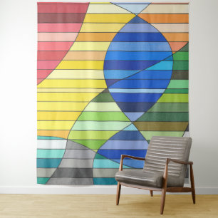Gestreiftes Abstrakt mit gelben und blauen Formen Wandteppich