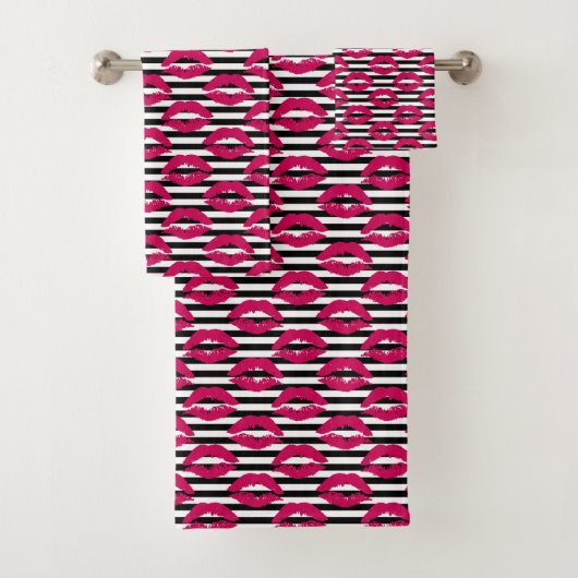 Gestreiftes Muster des Lippenstift-Kuss-B&W Badhandtuch Set (Insitu)