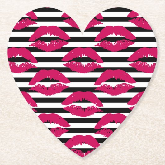 Gestreiftes Muster des Lippenstift-Kuss-B&W Untersetzer (Vorderseite)