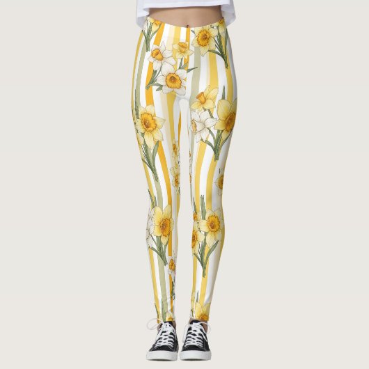 Gestreiftes Narzissen-Blumenmuster Leggings (Vorderseite)