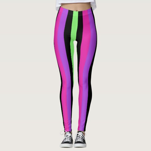 Gestreiftes Neonrosa, lila, grün und Schwarzes Leggings (Vorderseite)