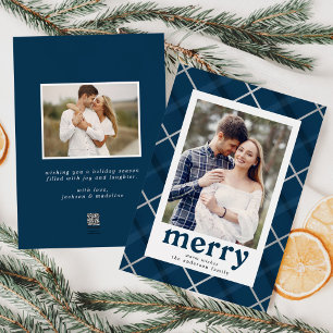 Gestreiftes Plaid Navy und Silber 2 Foto Feiertagskarte
