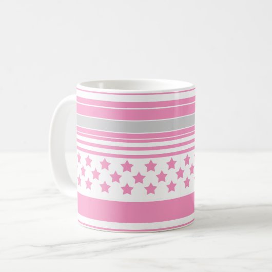 Gestreiftes rosa Muster mit Sternen Kaffeetasse (Vorderseite Links)