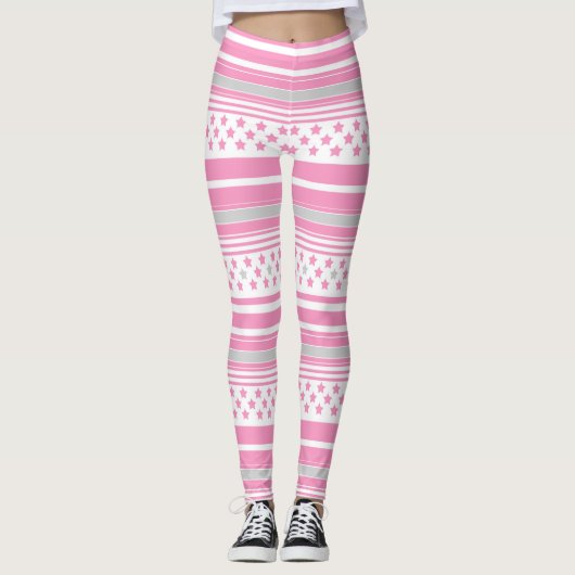 Gestreiftes rosa Muster mit Sternen Leggings (Vorderseite)