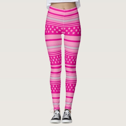 Gestreiftes rosa Muster mit Sternen Leggings (Vorderseite)