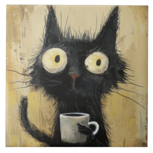Gestresste schwarze Katze mit Kaffee auf grungigem Fliese