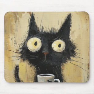 Gestresste schwarze Katze mit Kaffee auf grungigem Mousepad