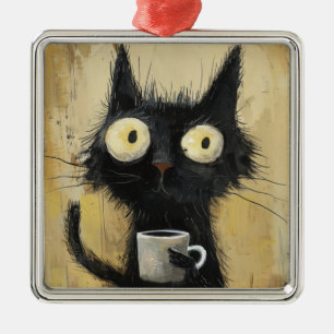 Gestresste schwarze Katze mit Kaffee auf grungigem Ornament Aus Metall