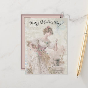 Gestresste Vintage-Frau sammelt Blumenkörner Postkarte