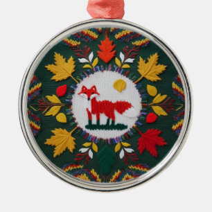 Gestrickter Fuchs Ahornblatt Wald Rund Weihnachtss Ornament Aus Metall