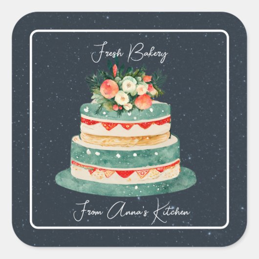 Gestufte Kuchen mit floraler Top-Bäckerei-Aufklebe Quadratischer Aufkleber (Vorderseite)