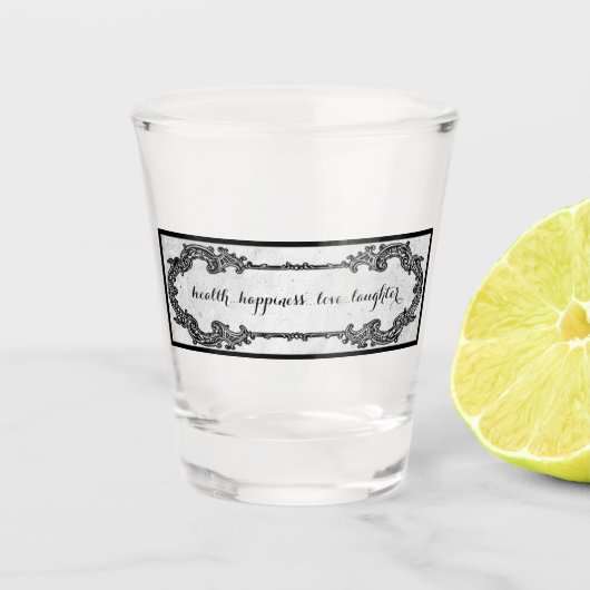 Gesundheit, Glück, Liebe, Lachen Schnapsglas (Vorderseite)