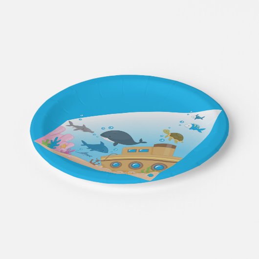 Gesunkene Schiffe und Fische Pappteller (Schrägansicht)