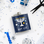 Get Lit | Funny Hanukkah Flachmann<br><div class="desc">If the menorah isn't the only thing getting lit this year,  gift this hilarious Hanukkah flask to anyone who tends to overindulge during those 8 crazy nights. Design features a lit menorah illustration surrounded with stars,  with "get lit" beneath in white lettering.</div>