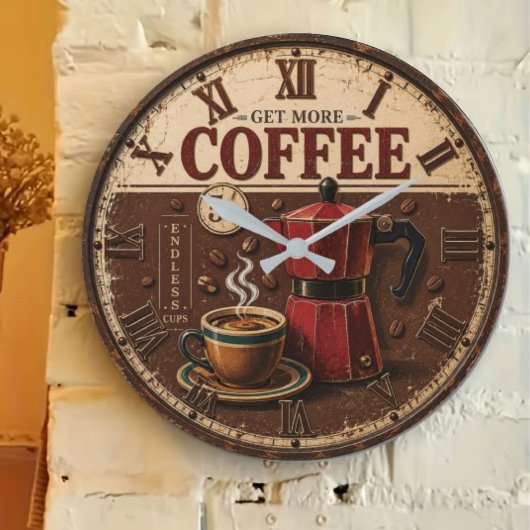Get More Coffee Rustic Farmhouse Bar Decor Große Wanduhr