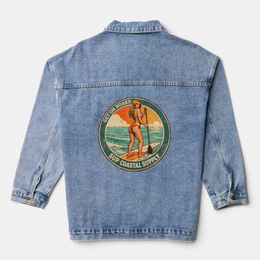 Get On Board SUP Pinup Paddleboard Retro Surf Shop Jeansjacke (Rückseite)